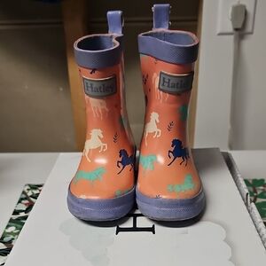 Hatley Coral Rain Boots with Purple Trim and Mint & Navy Horse Prints